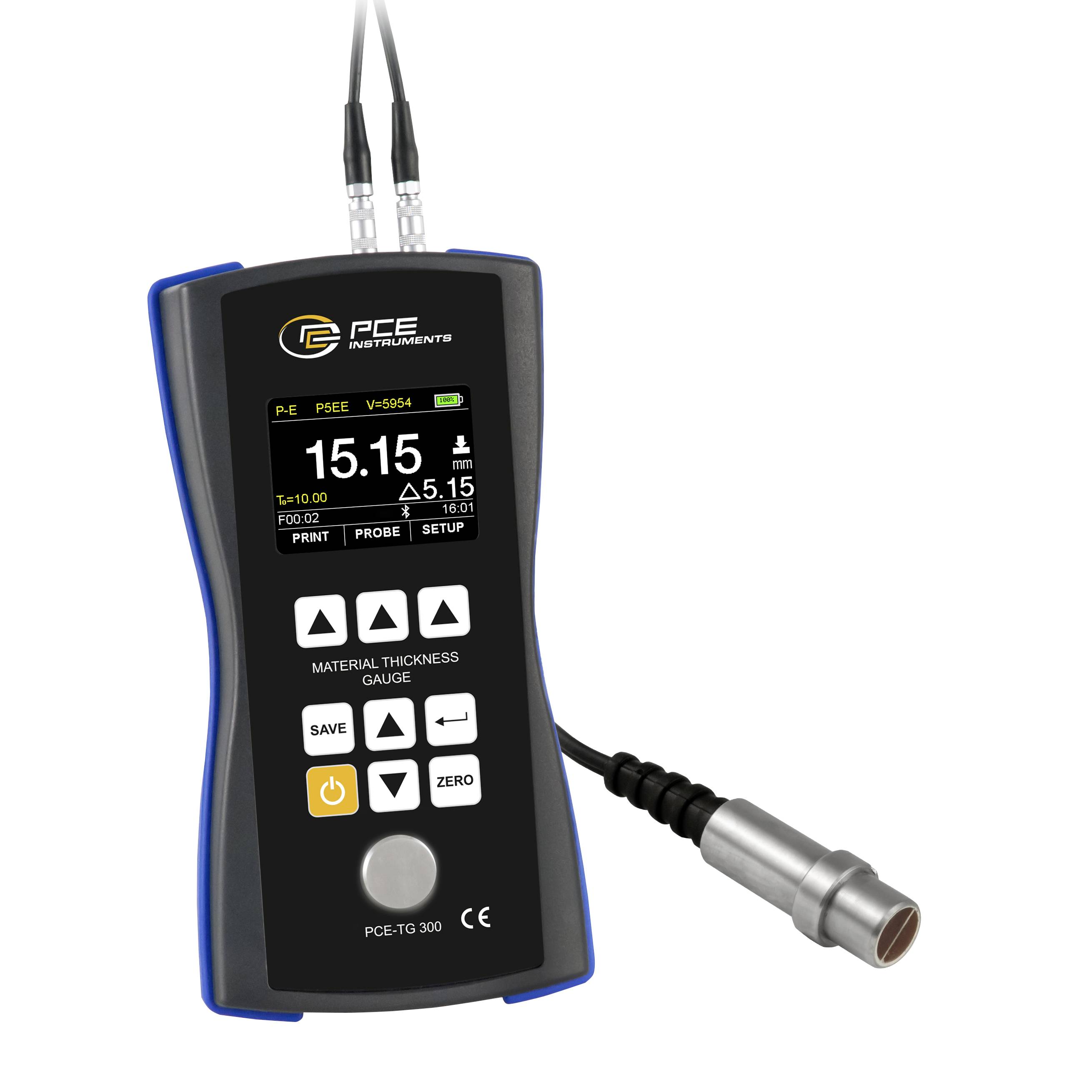 Jauge d'épaisseur de matériau PCE portative avec câble de sonde, affichant une lecture de 15,15 mm sur l'écran.