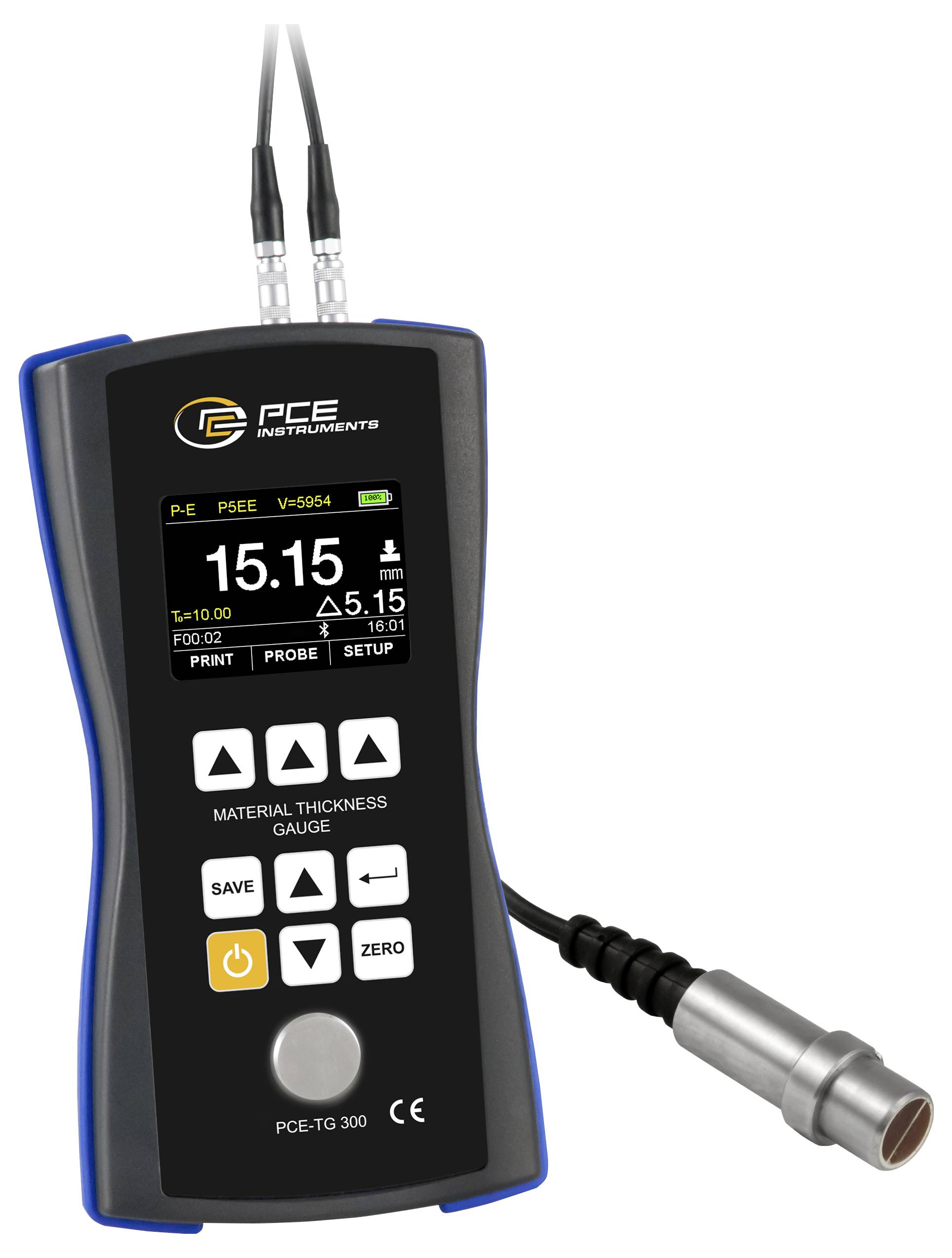 Jauge d'épaisseur de matériau PCE portable avec affichage numérique et sonde attachée, vue de face sur fond blanc.