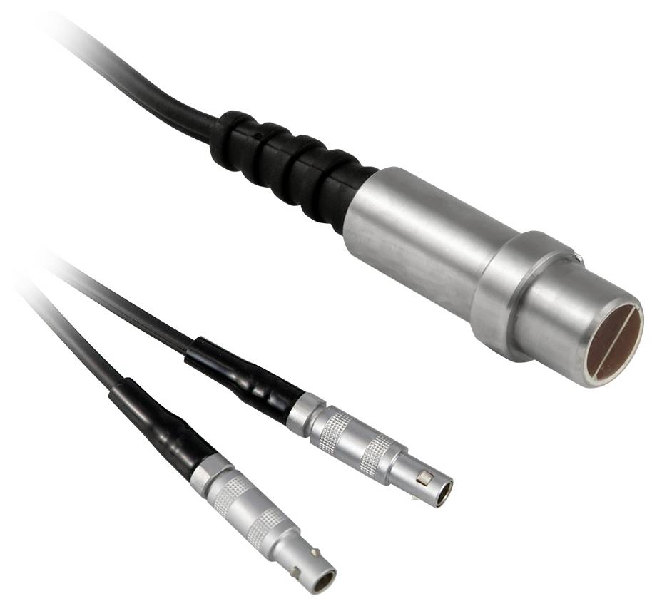 Trois vues d'un connecteur de câble circulaire en métal avec câble noir et fiches argentées, présentées sur un fond blanc.