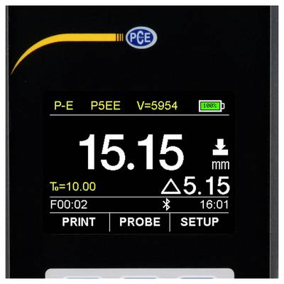 Affichage de jauge numérique affichant une lecture de 15,15 mm, avec un delta de 5,15, batterie à 100%, et options de menu IMPRIMER, SONDE, PARAMÈTRES.