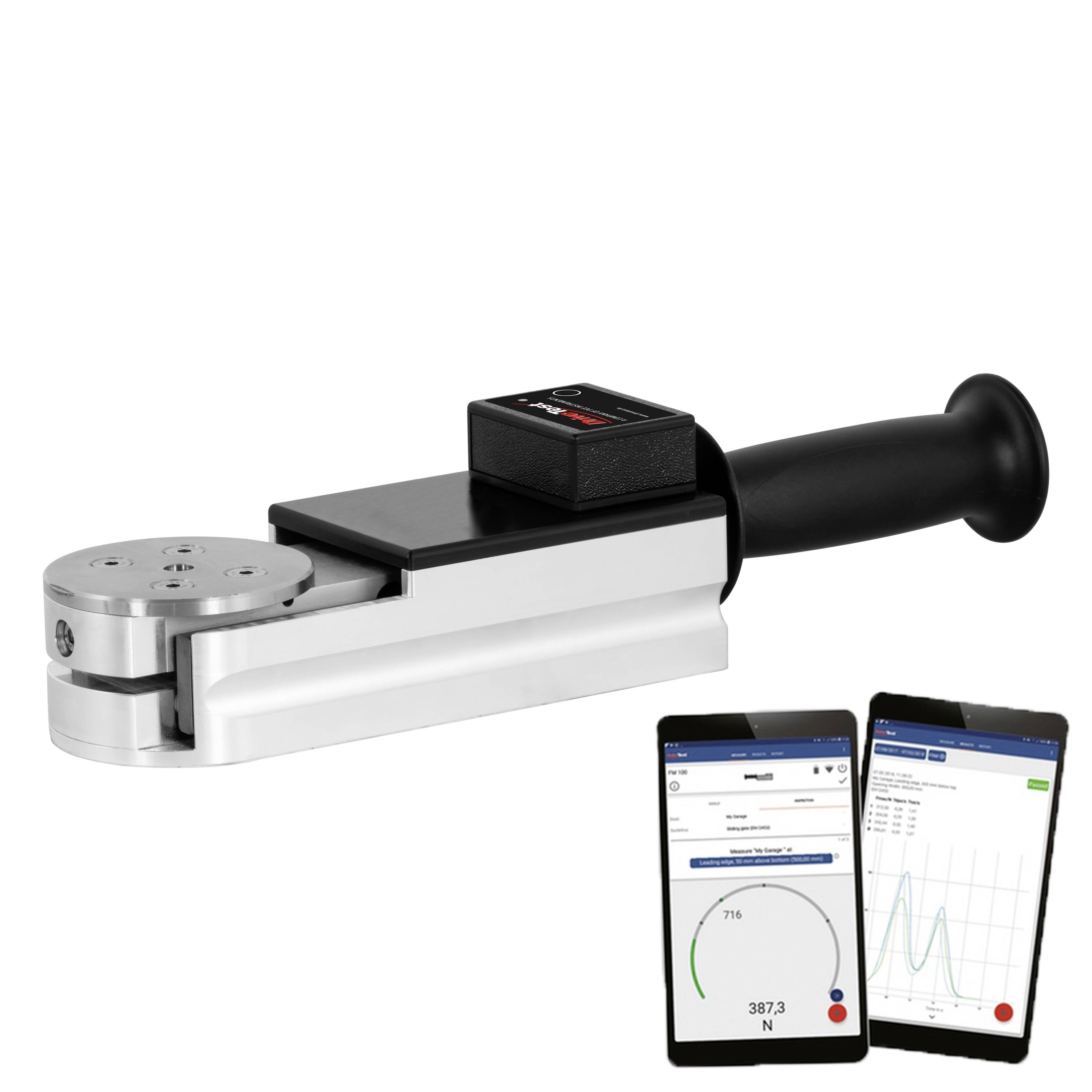 Dynamomètre numérique portable avec une poignée de traction et deux écrans d'application smartphone affichant les mesures de force et les données graphiques.