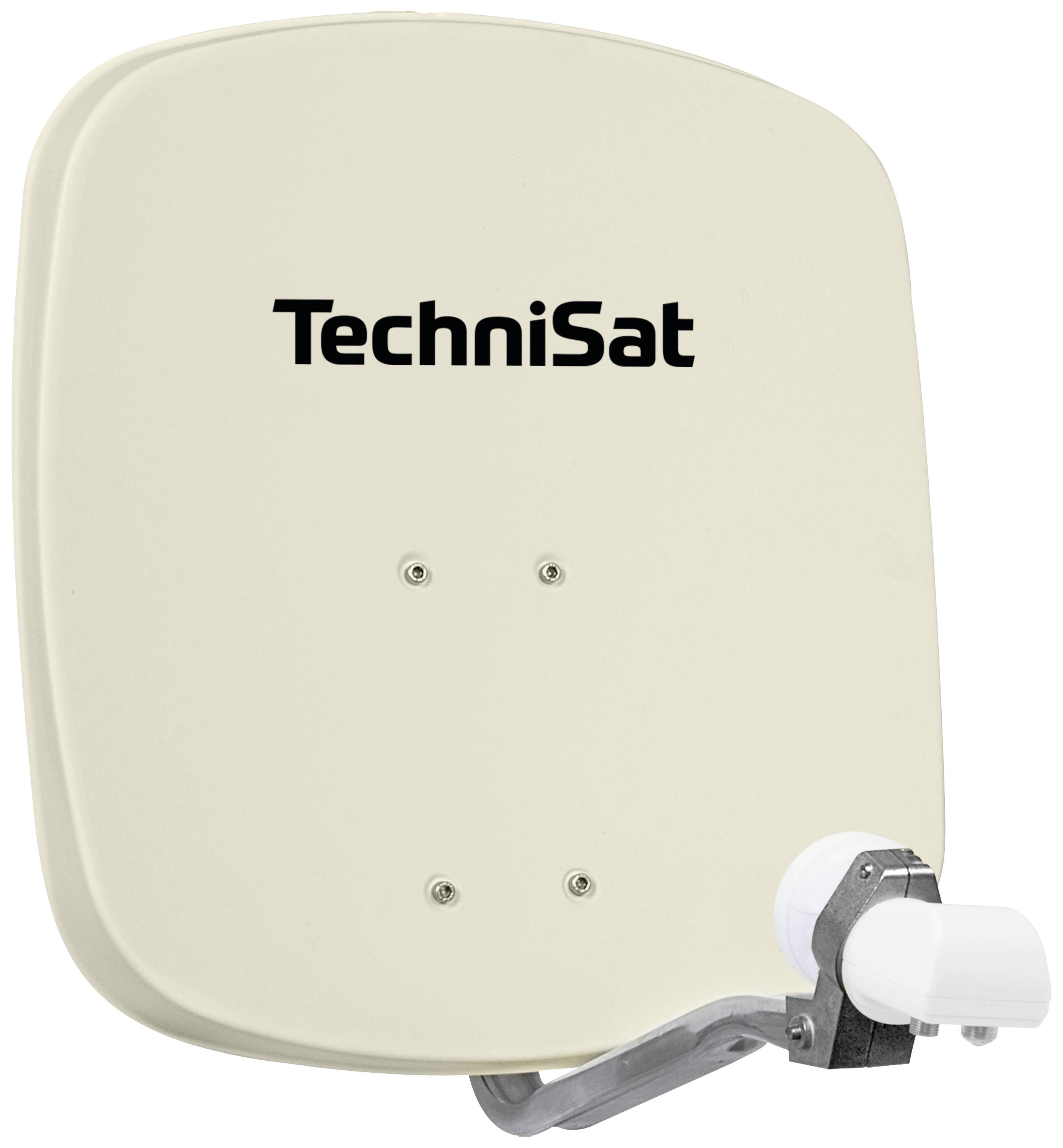 Parabole TechniSat de couleur beige clair, adaptée à la réception des signaux satellitaires. Elle est montée sur un support.