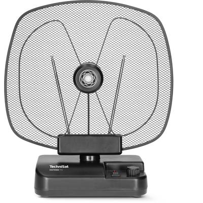 Une antenne de chambre noire, rectangulaire, avec une surface ronde de type grillage et un bouton rotatif. Posée sur une table.