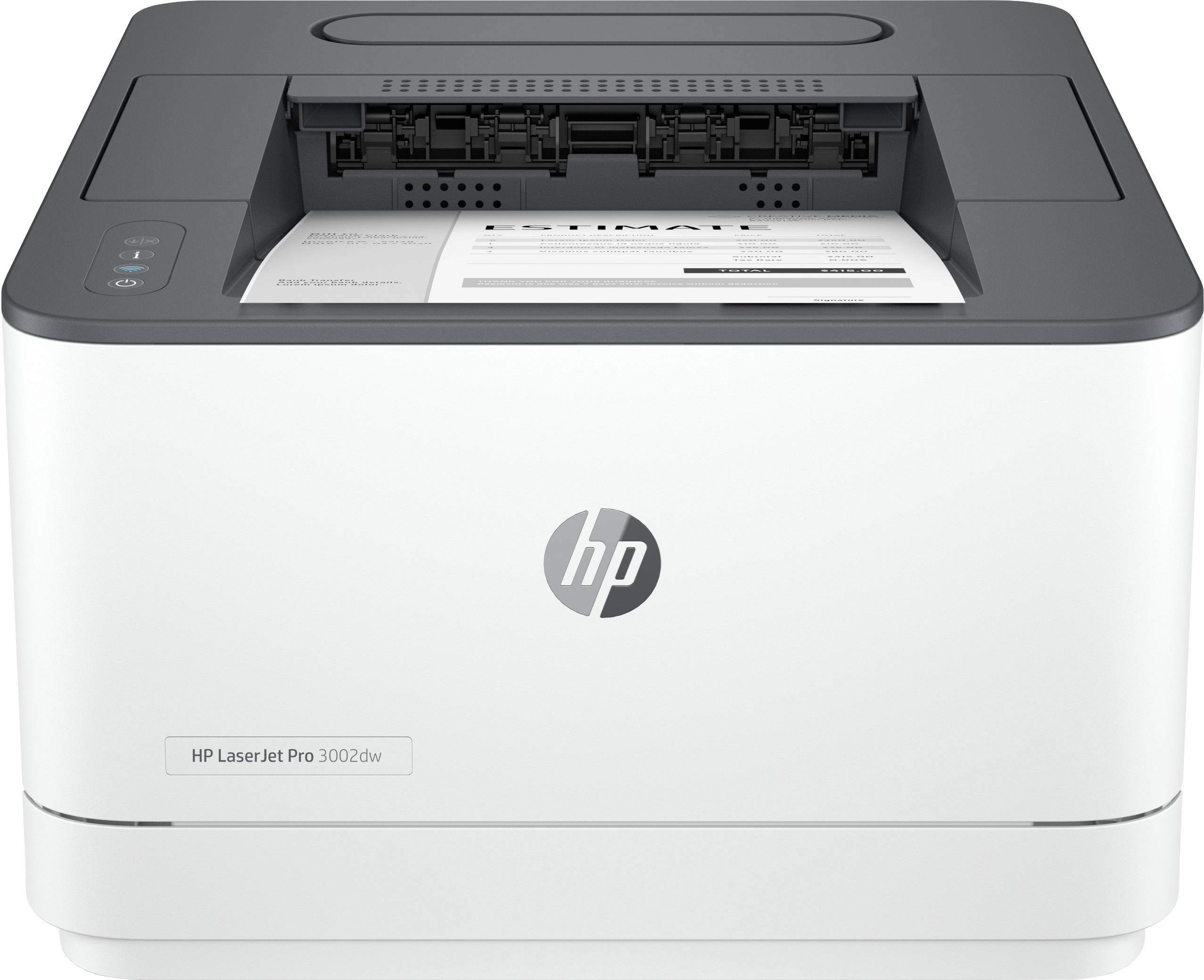 Vue de face d'une imprimante HP LaserJet Pro en train d'imprimer une page, montrant le bac de sortie papier et le panneau de commande.