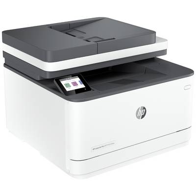 Un imprimante multifonction blanche avec un couvercle noir et un écran intégré. Le logo HP est visible sur la façade.