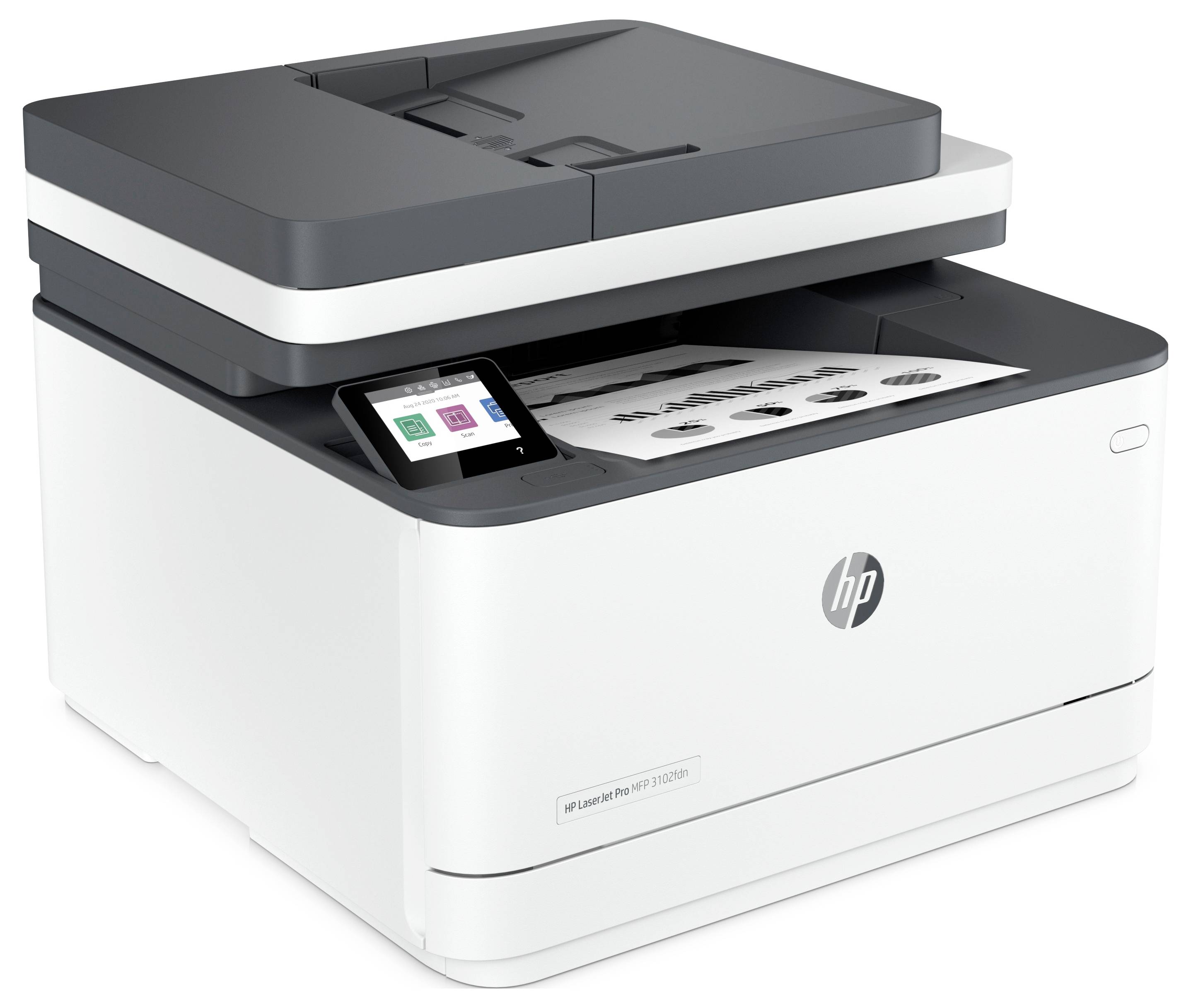 Imprimante tout-en-un HP avec panneau de commande à écran tactile, affichant du papier chargé dans le scanner et les bacs de sortie.