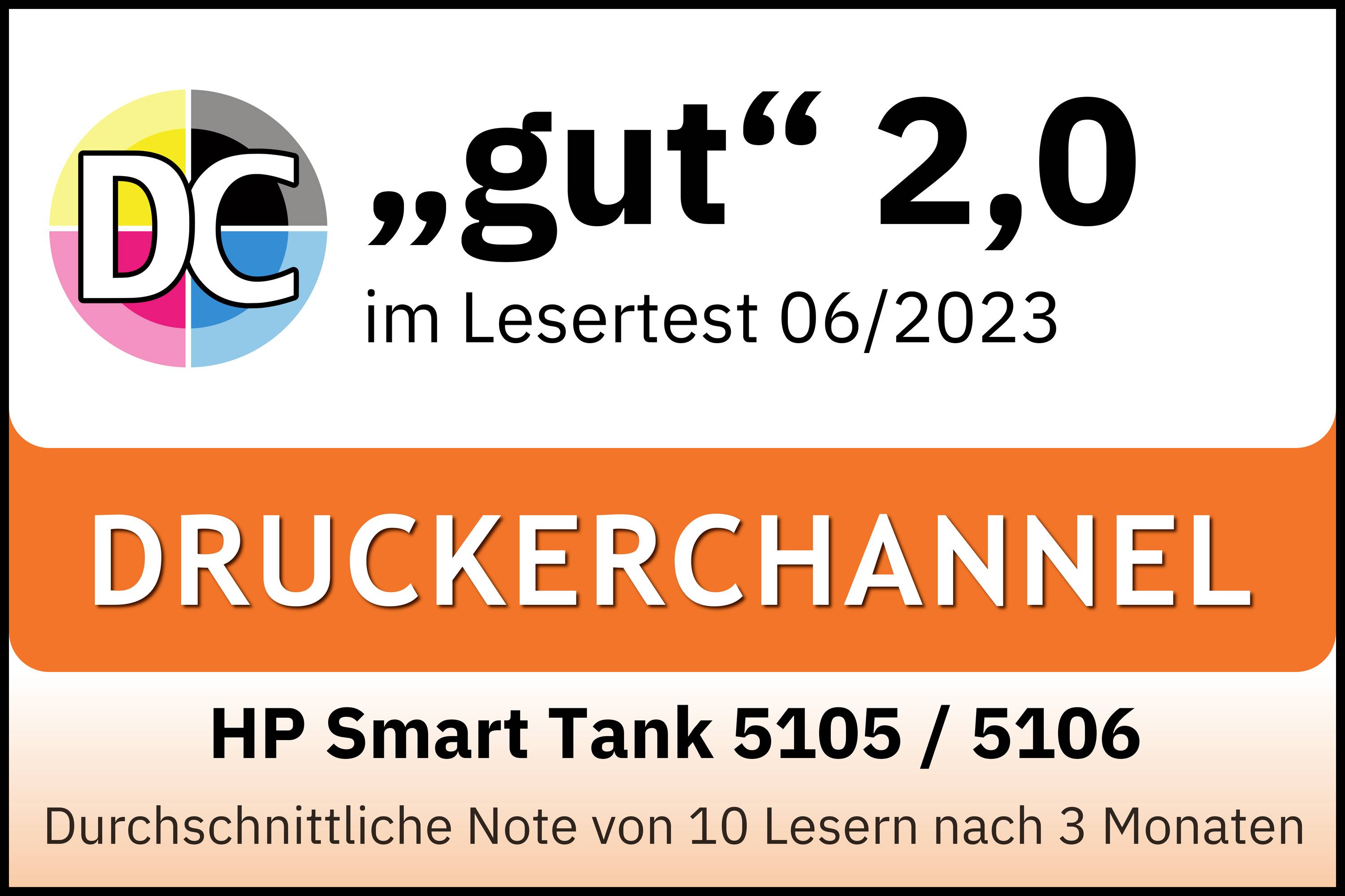 'Bon' 2,0 dans le test lecteurs 06/2023 de Druckerchannel. HP Smart Tank 5105/5106, note moyenne de 10 lecteurs après 3 mois.