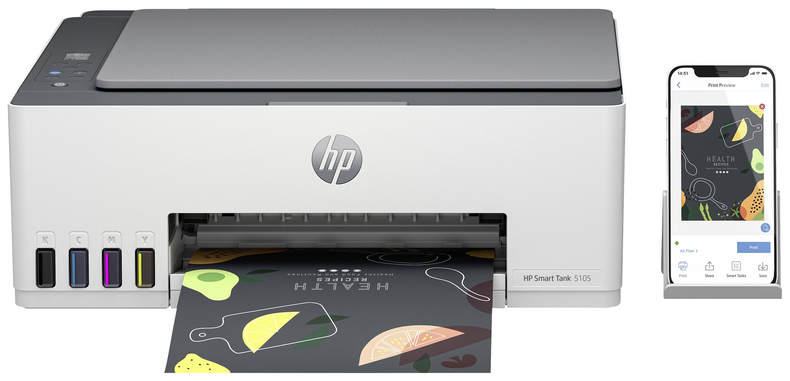HP Smart Tank 5105 Imprimante multifonction jet dencre couleur A4 imprimante, scanner, photocopieur Bluetooth®, système à réservoir dencre, Wi-Fi