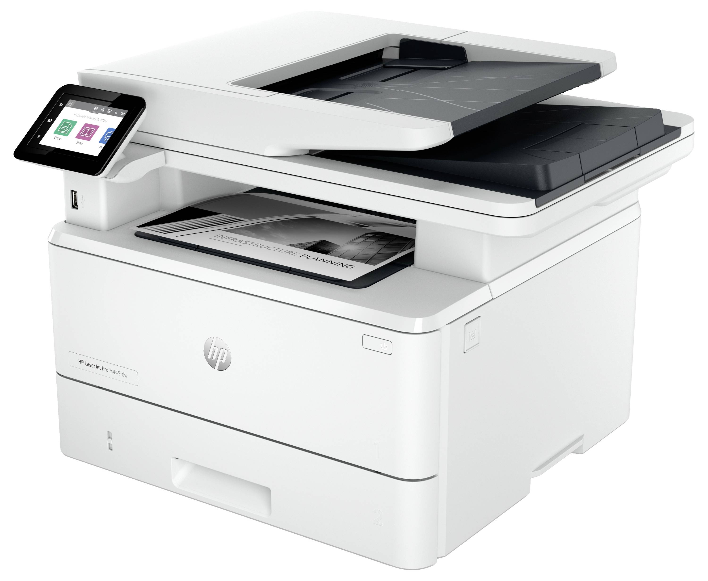 Imprimante multifonction HP blanche avec panneau de commande à écran tactile, couvercle du scanner et bac de sortie papier.