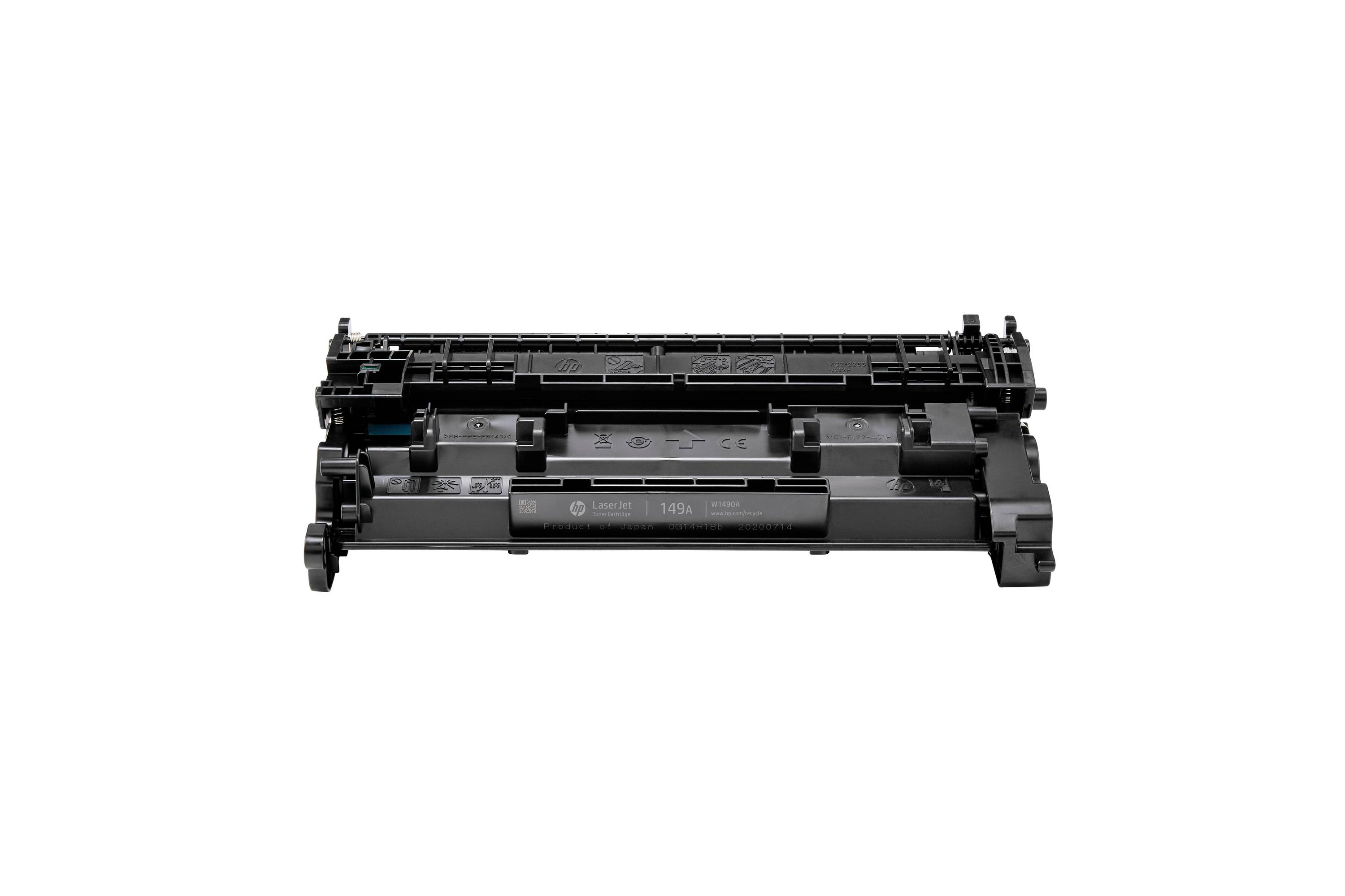 Cartouche de toner pour imprimante noire isolée sur un fond blanc, vue de face.