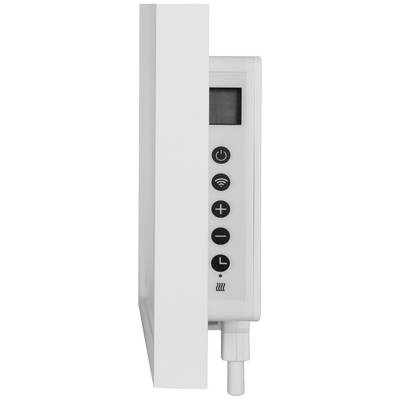 Vue latérale d'un radiateur avec ses éléments de commande : écran, symbole Wi-Fi, touches plus et moins, programmateur horaire et régulation de chauffage.