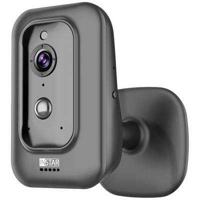 Caméra de surveillance dans un boîtier noir avec support mural, marquée 'INSTAR', adaptée aux environnements intérieurs et extérieurs.