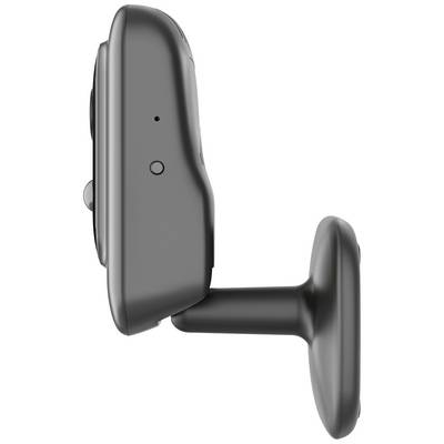 Vue latérale d'une caméra de surveillance noire avec un socle rond et deux petits trous sur le côté.