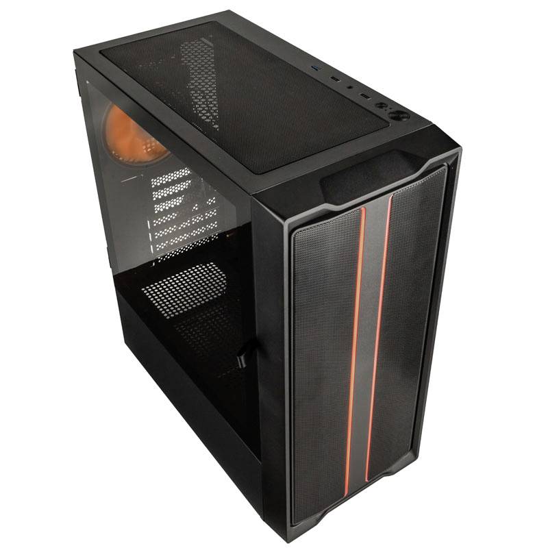 Boîtier d'ordinateur noir avec des accents orange, ventilation latérale et fenêtre transparente. Partie supérieure équipée de commandes et d'une grille de ventilation.