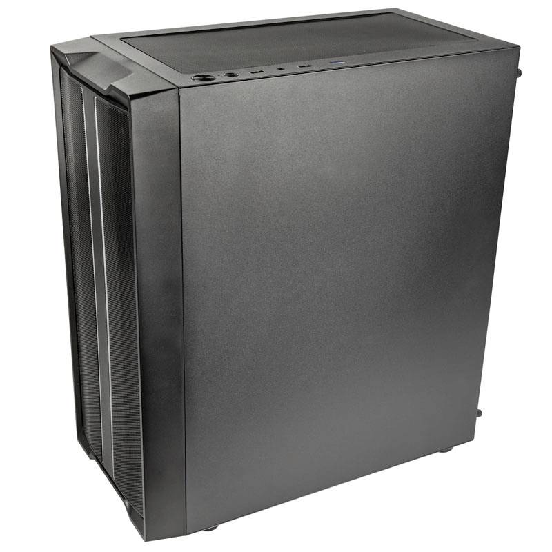 Un boîtier d'ordinateur noir à surface lisse avec des ports en haut. Adapté pour la construction d'un PC de bureau.