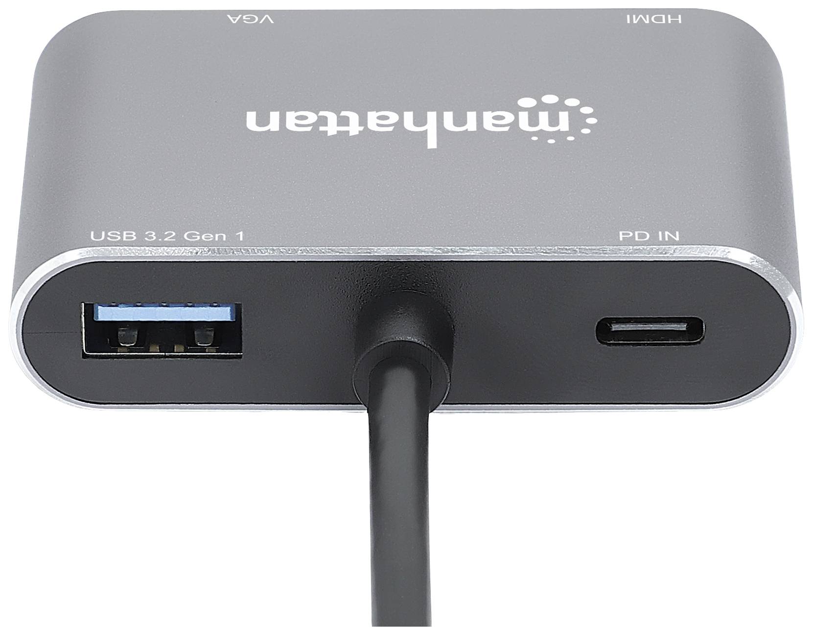 Un hub adaptateur gris avec des ports USB 3.2 Gen 1, HDMI, VGA et PD-IN, portant l'inscription « manhattan » sur le dessus.