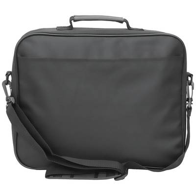 Sacoche noire avec bandoulière et poignée de transport, adaptée aux ordinateurs portables ou documents.