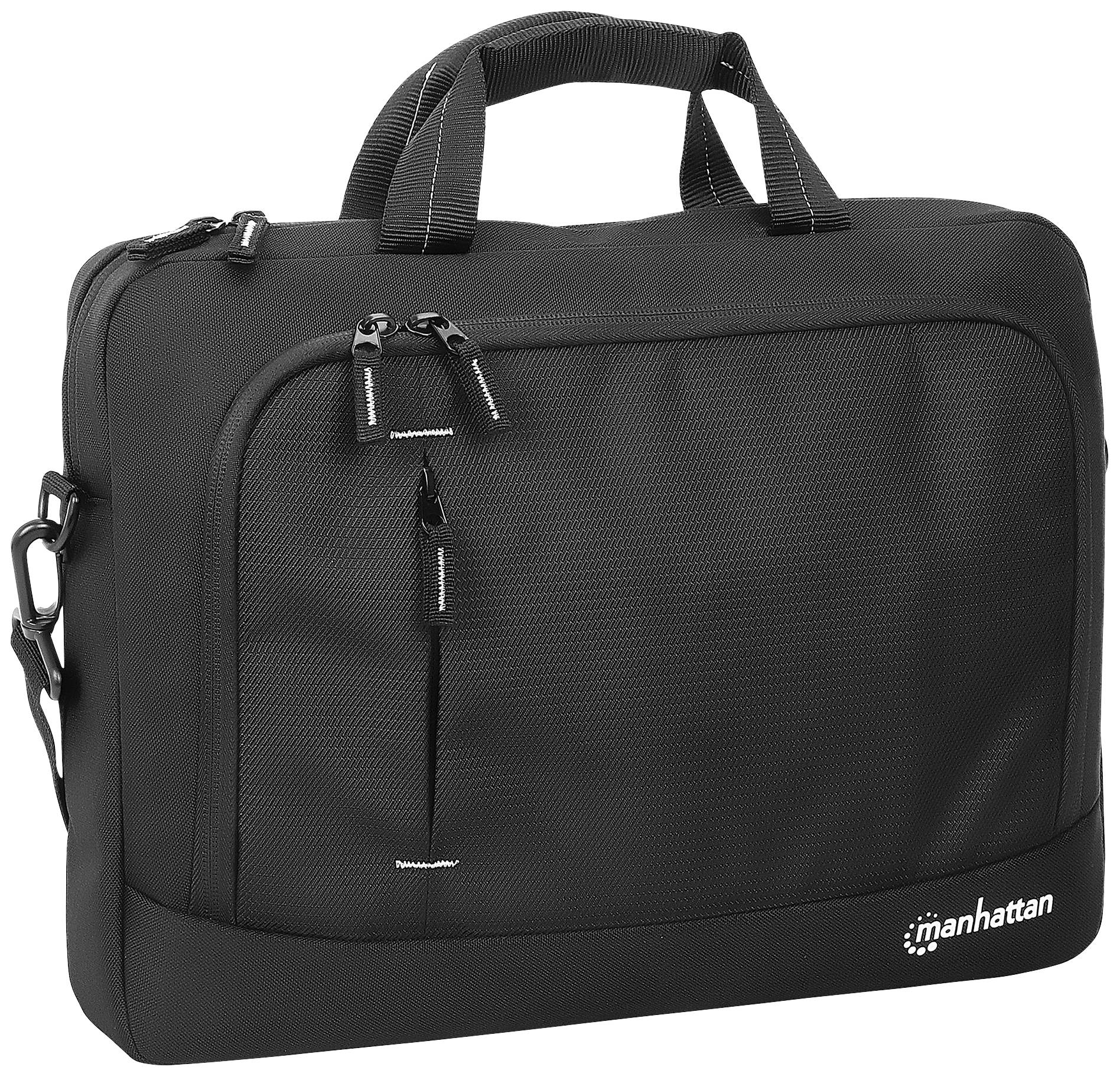 Sacoche pour ordinateur portable noir avec deux poignées, des fermetures à glissière et le logo 'manhattan' dans le coin inférieur droit.