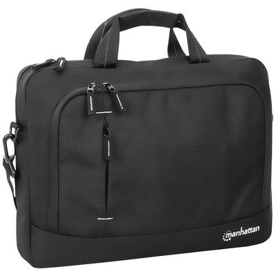 Sacoche pour ordinateur portable noir avec deux poignées, des fermetures à glissière et le logo 'manhattan' dans le coin inférieur droit.