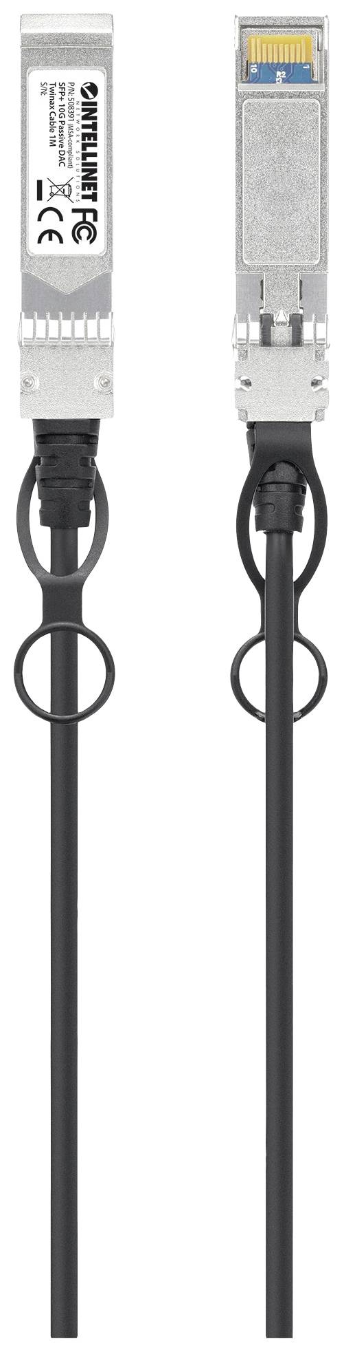 Deux câbles de fibre optique passifs avec modules SFP+ pour réseaux Ethernet 10 Gigabits, adaptés aux transmissions de données à haute vitesse.