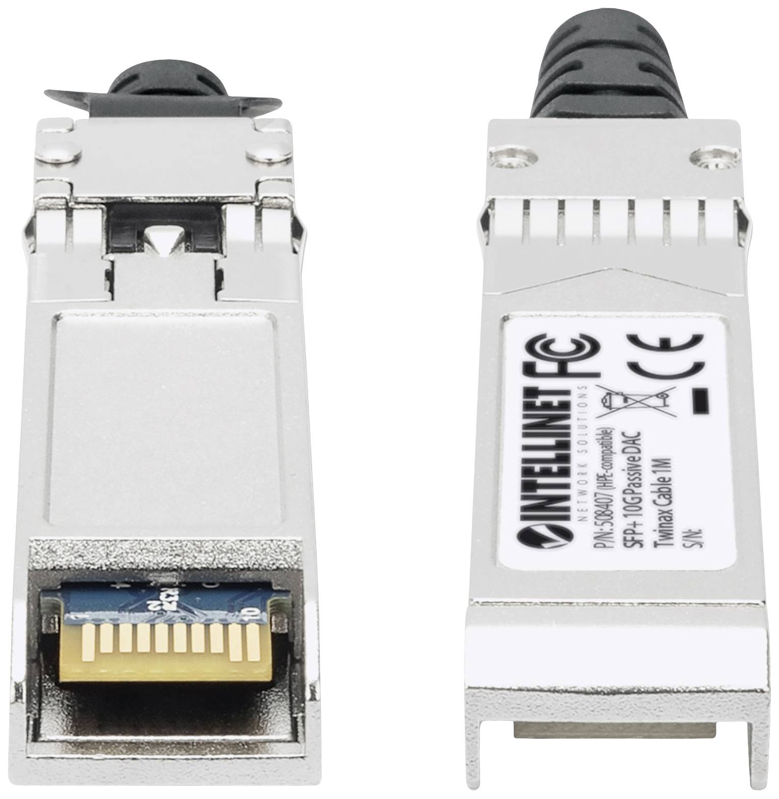 Deux modules SFP enfichables Intellinet de couleur argentée, vus de face et de dos. Le module de gauche montre le côté des contacts.
