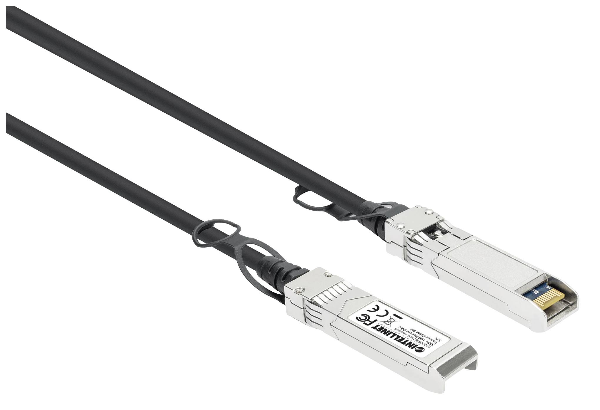 Deux câbles de données optiques avec des connecteurs métalliques, chacun portant des étiquettes sur les connecteurs. Ils sont adaptés pour des transferts de données à haute vitesse.