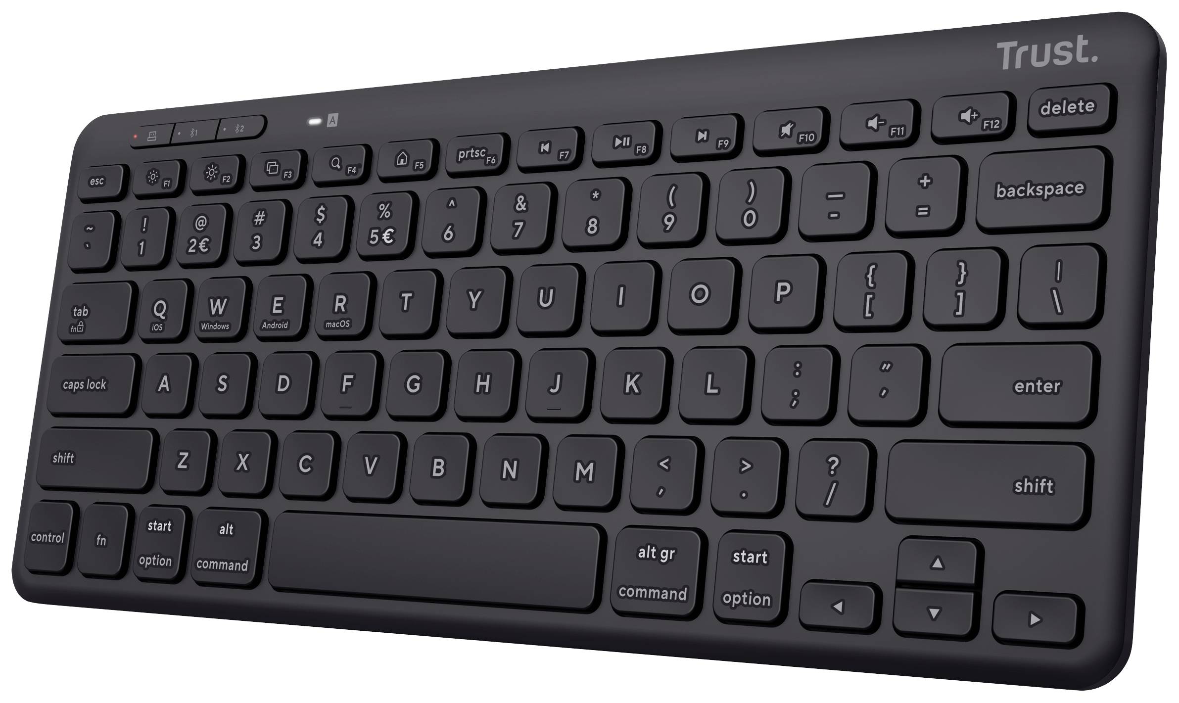 Clavier noir sans fil de Trust avec disposition QWERTZ et touches de fonction.