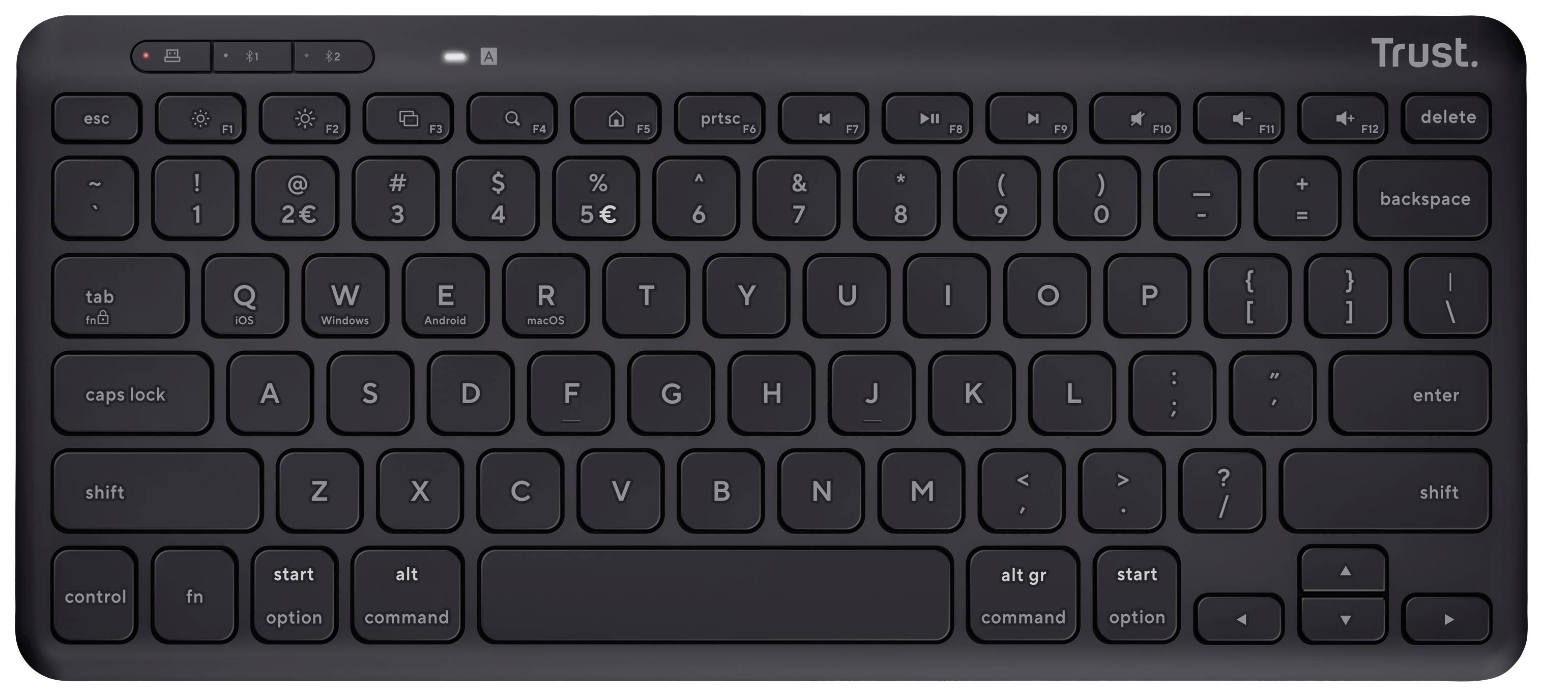 Un clavier d'ordinateur noir, plat et sans fil avec une disposition de touches standard. Comprend des touches de fonction, des touches numériques et des touches alphabétiques.