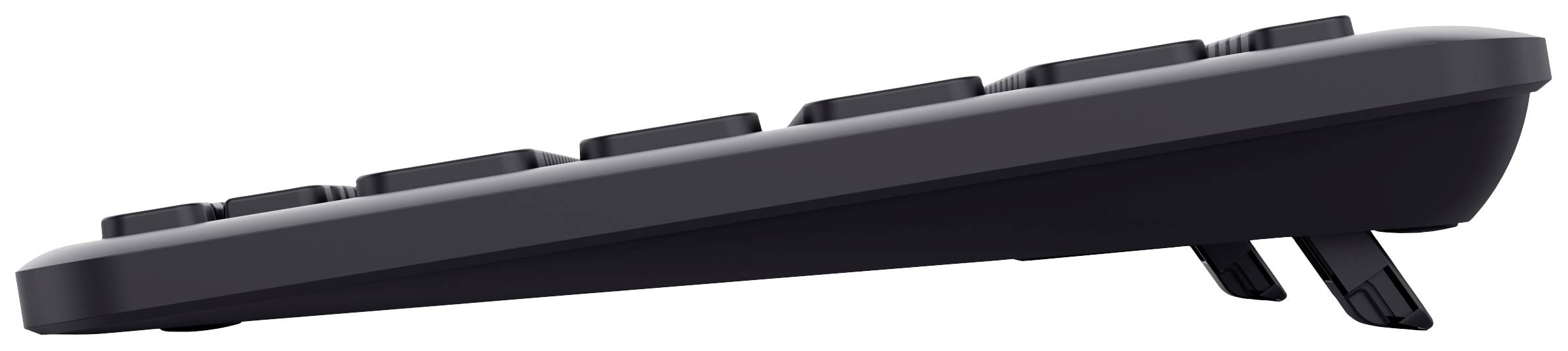 Vue latérale d'un clavier d'ordinateur noir, légèrement incliné, avec des supports relevés pour augmenter l'angle d'inclinaison.