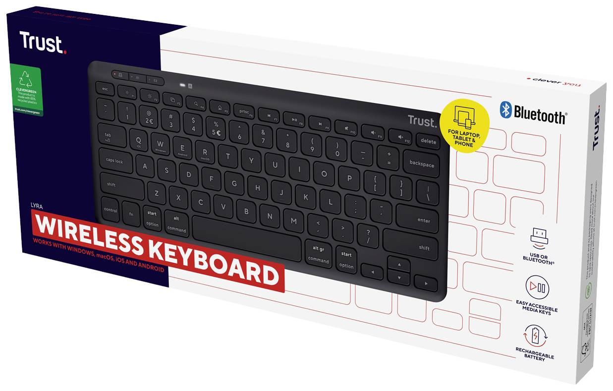 Clavier sans fil Trust dans son emballage. Informations : compatible avec Windows, MacOS, Android ; connexion Bluetooth ; adapté aux ordinateurs portables et PC.