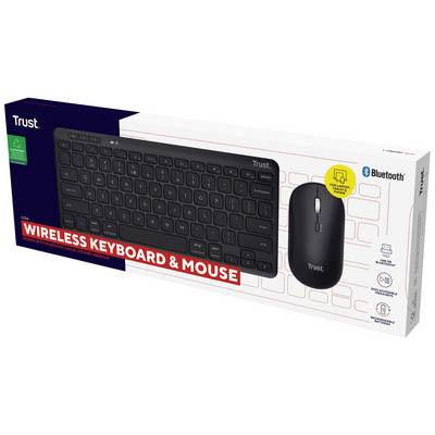 Clavier et souris sans fil Trust avec Bluetooth, en emballage noir, design minimaliste, connexion sans fil.