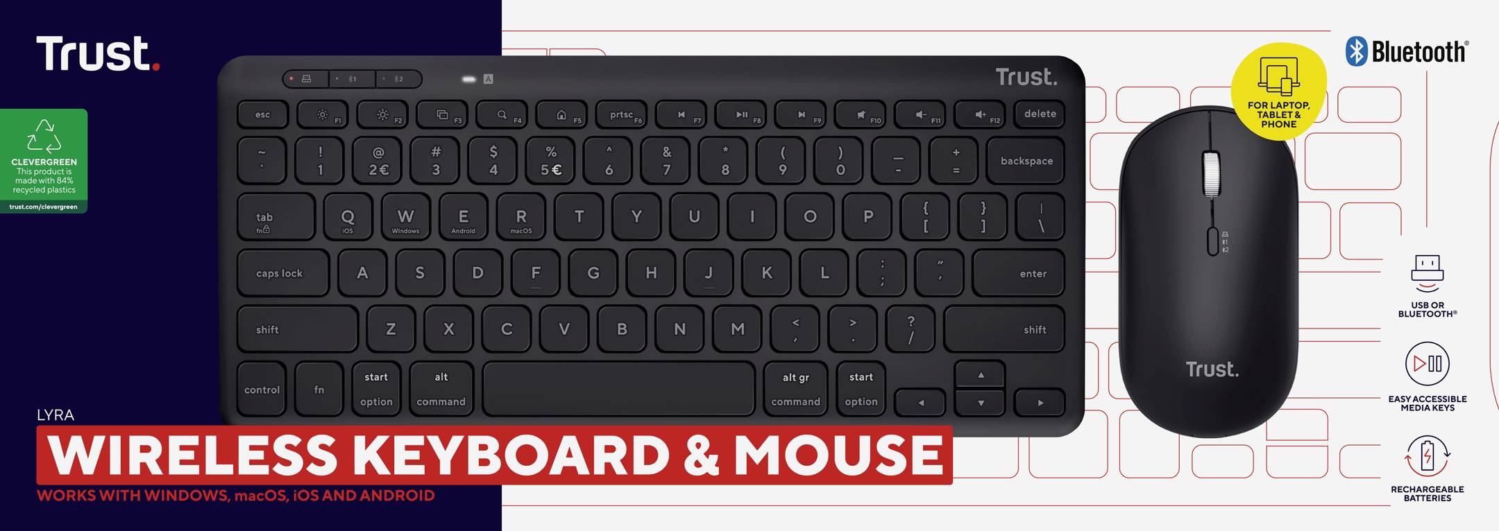 'Clavier et souris sans fil de Trust. Compatible avec Windows, macOS, Android. Fonction Bluetooth incluse, 3 ans de garantie.'