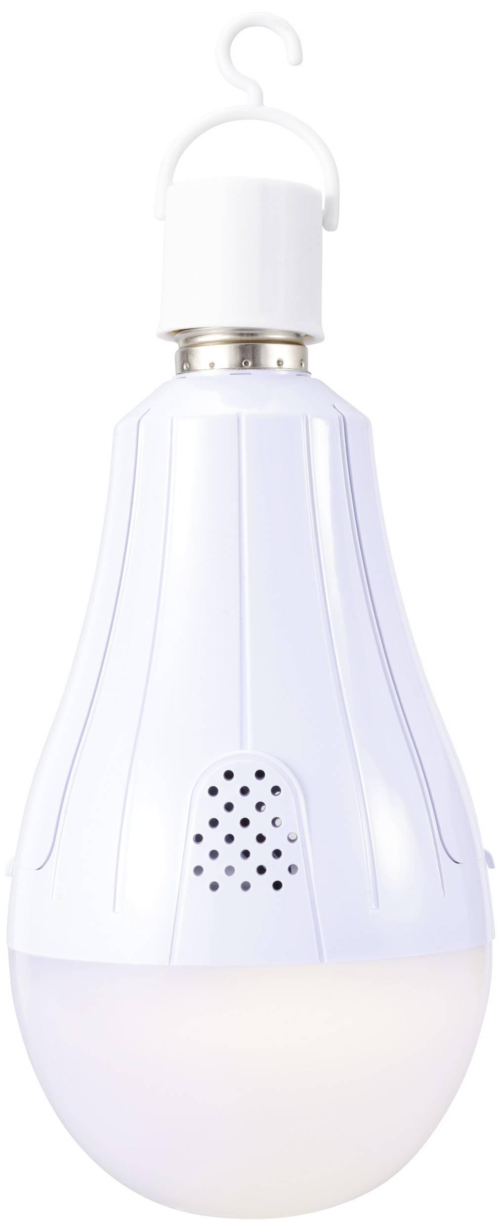 Une lampe LED blanche portable avec un crochet et un haut-parleur intégré, idéale pour le camping ou les espaces extérieurs.