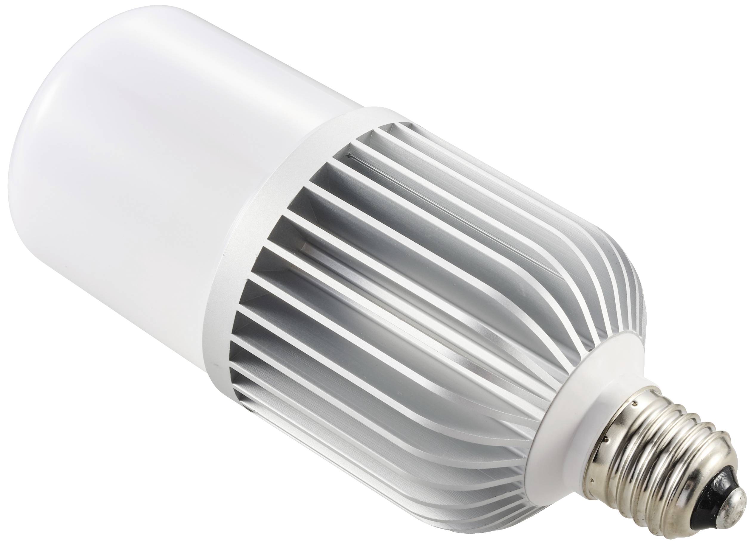 Une lampe LED avec dissipateur thermique et culot à vis, en position horizontale.