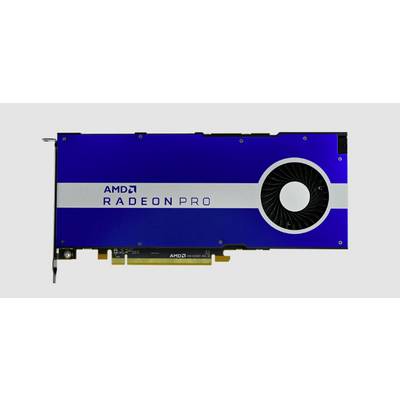Carte graphique 'AMD Radeon Pro', boîtier bleu, ventilateur visible à droite. Développée pour les tâches professionnelles de graphisme et de design.