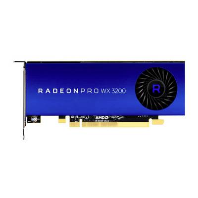 Carte graphique bleue portant l'inscription 'RADEON PRO WX 3200'. Une ouverture de ventilation est visible à droite.