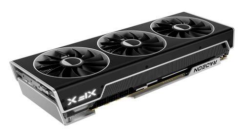 Carte graphique avec trois ventilateurs et l'inscription 'RADEON' sur le côté, probablement conçue pour les ordinateurs de jeux.