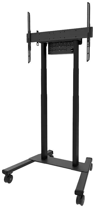 Support TV mobile sur roulettes, réglable en hauteur, avec support pour écrans plats. Idéal pour les présentations et les aménagements flexibles.