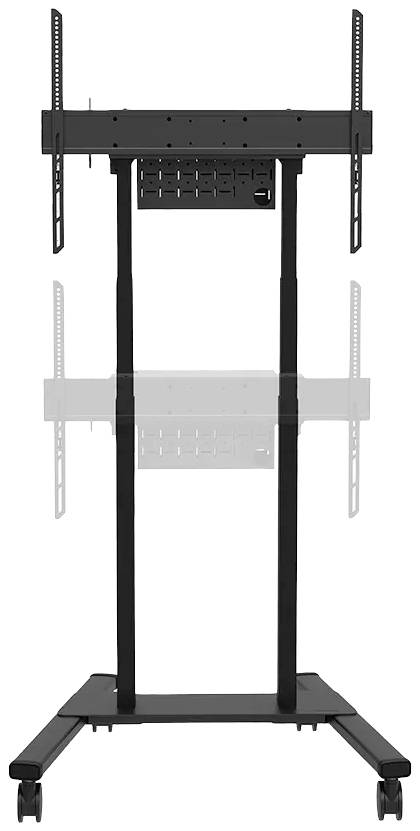 Support de téléviseur mobile, réglable en hauteur, adapté aux moniteurs, avec un châssis en métal noir, présentant des rails de montage et une base.