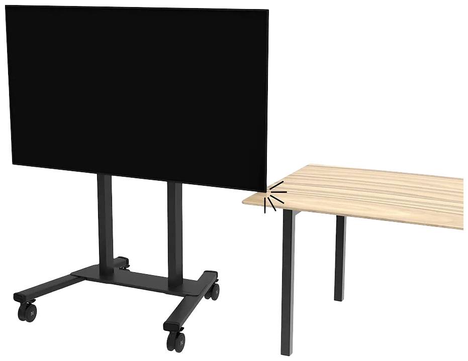 Un écran noir sur roulettes à côté d'une table en bois avec des pieds en métal sur un fond blanc.