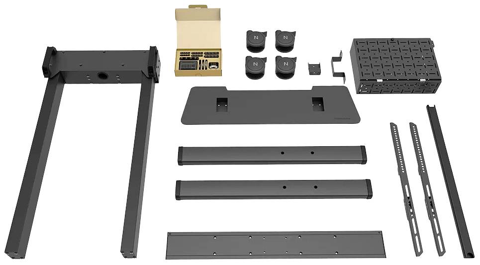 Un kit de montage pour un système de support mural téléviseur électrique, composé de pièces métalliques, de vis, d'écrous et d'un manuel d'instructions.