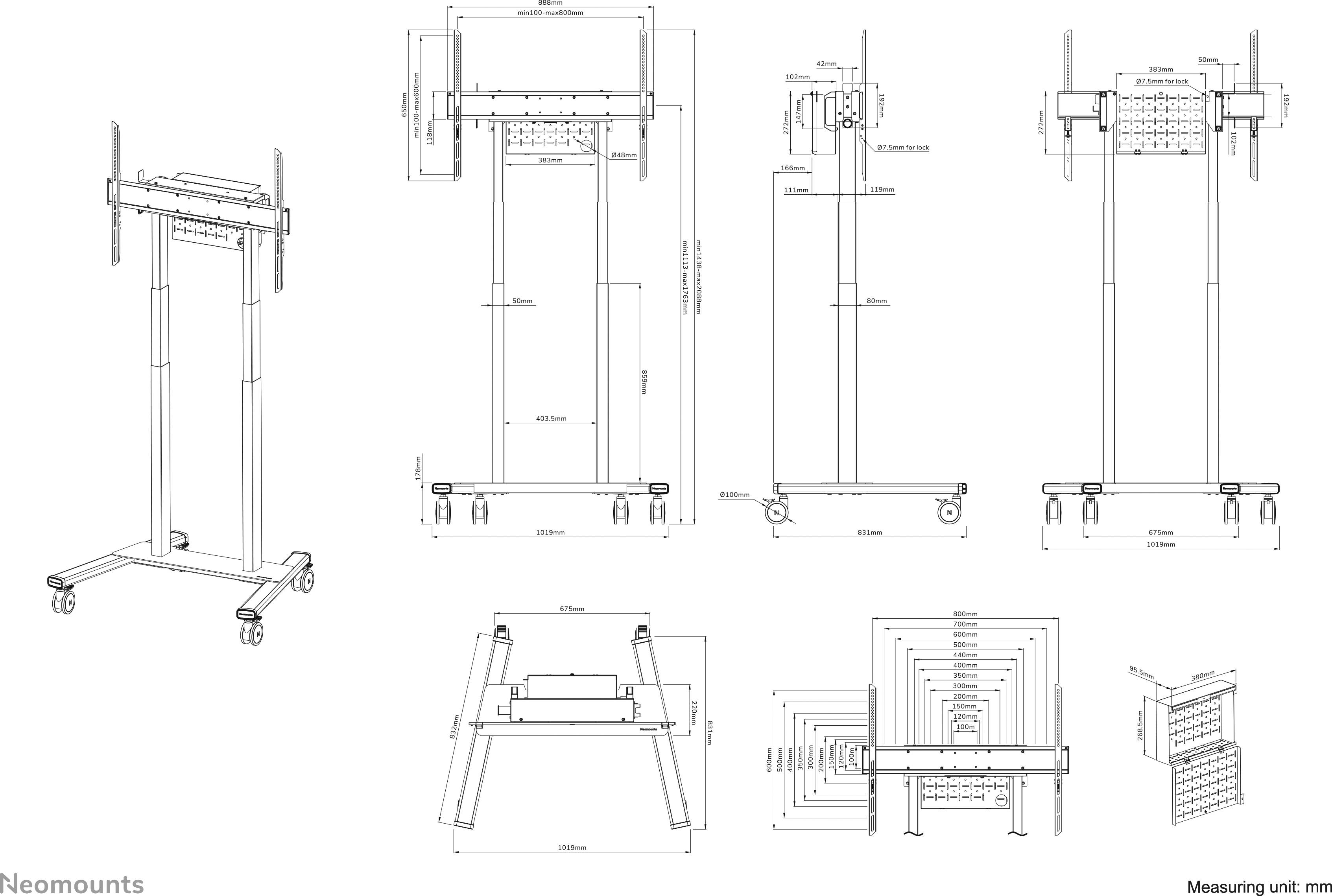 Dessin technique d'un support mobile pour téléviseur avec roulettes. Différentes vues présentant les dimensions et les détails de la construction.