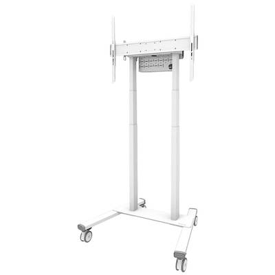 Un support TV mobile et réglable en hauteur, sur roulettes, adapté pour fixer un téléviseur à écran plat dans des salles de présentation.