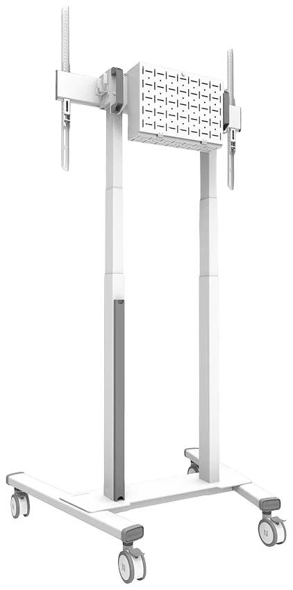 Un support mobile pour appareils médicaux avec position ajustable et quatre roues. Adapté aux environnements cliniques.