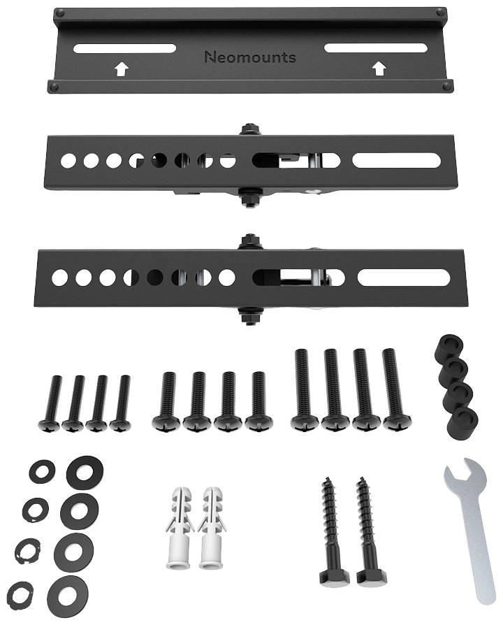 Kit de montage comprenant des supports métalliques, des vis, des chevilles et une clé à vis, destiné à la fixation de supports de télévision.