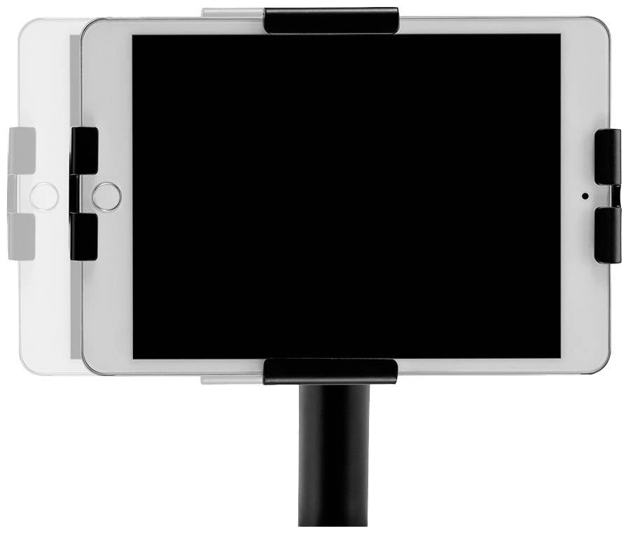 Une tablette est fixée dans un support qui permet une orientation à la fois horizontale et verticale. Arrière-plan blanc.