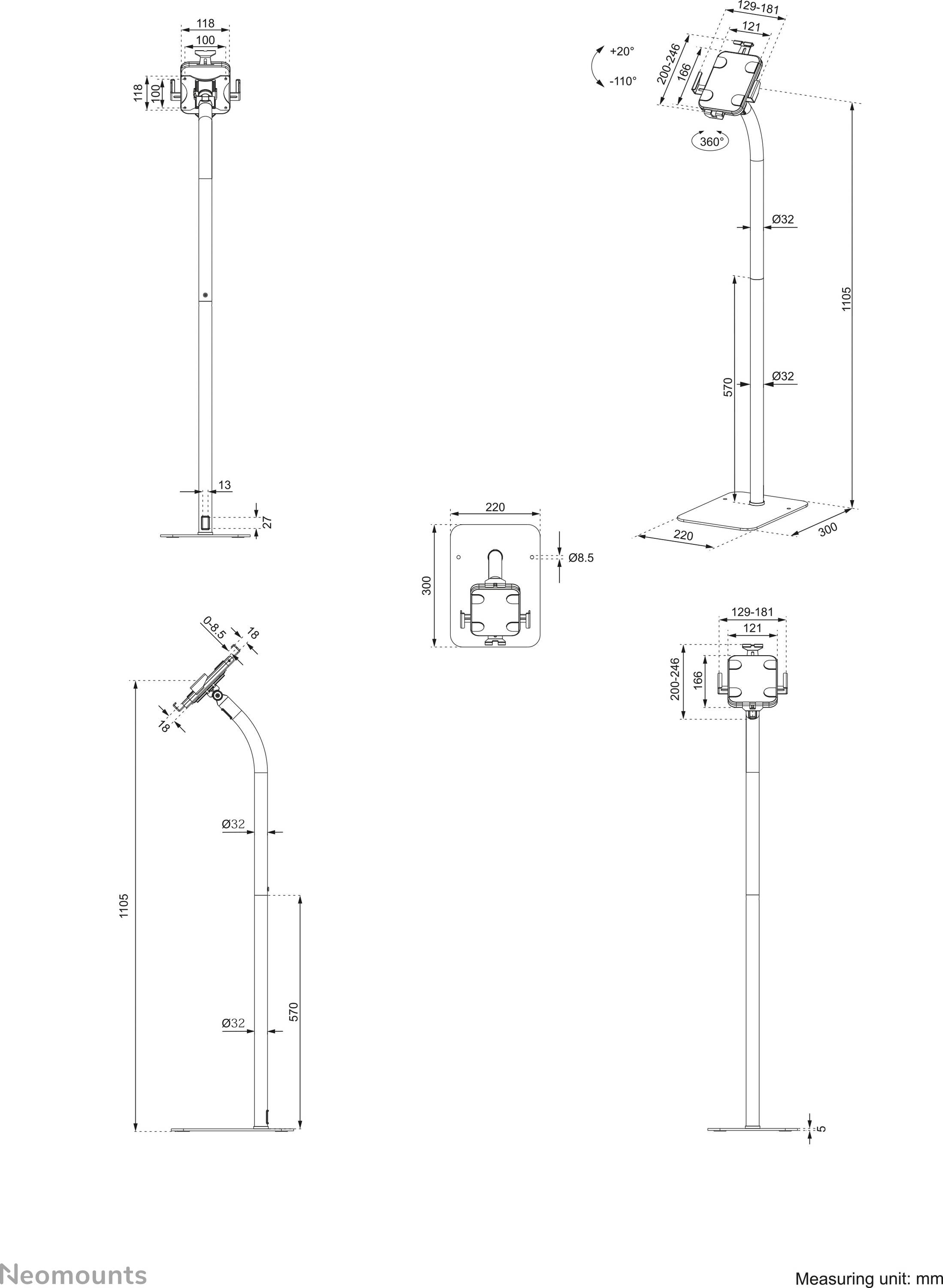 Dessin technique d'un support de moniteur avec des dimensions en millimètres. Présente différentes vues et angles d'inclinaison.