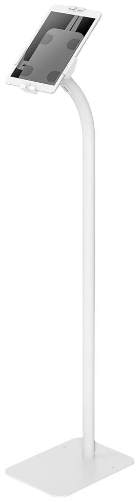 Un support de tablette blanc autonome avec un support incliné en haut, adapté pour les présentations ou les expositions.