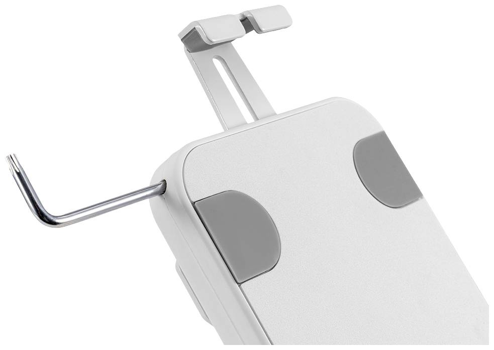 Support de tablette avec fonction pivotante et coussinets en caoutchouc gris pour une fixation sécurisée. Idéal pour les présentations ou la lecture de films.