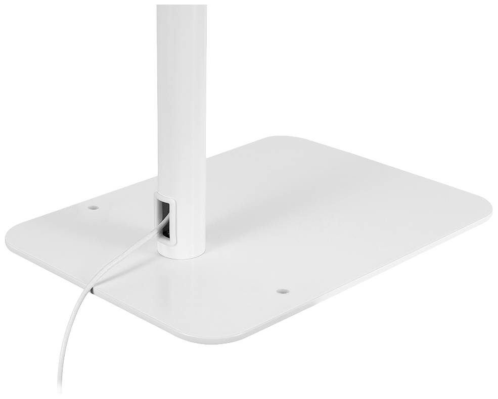 Un pied de table blanc avec un passage de câble intégré, par lequel un câble blanc passe.